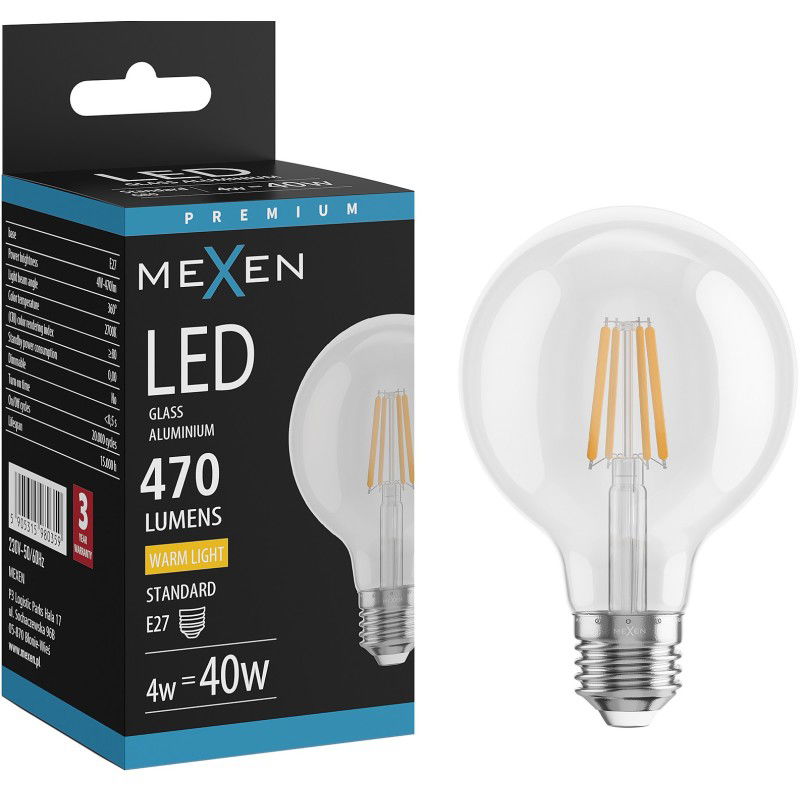 Mexen Vintis LED E27 G80 kaitinimo siūlelio lemputė, 4W, Šilta - 2700K, 470 lm, skaidri - L155-E27-0427-00