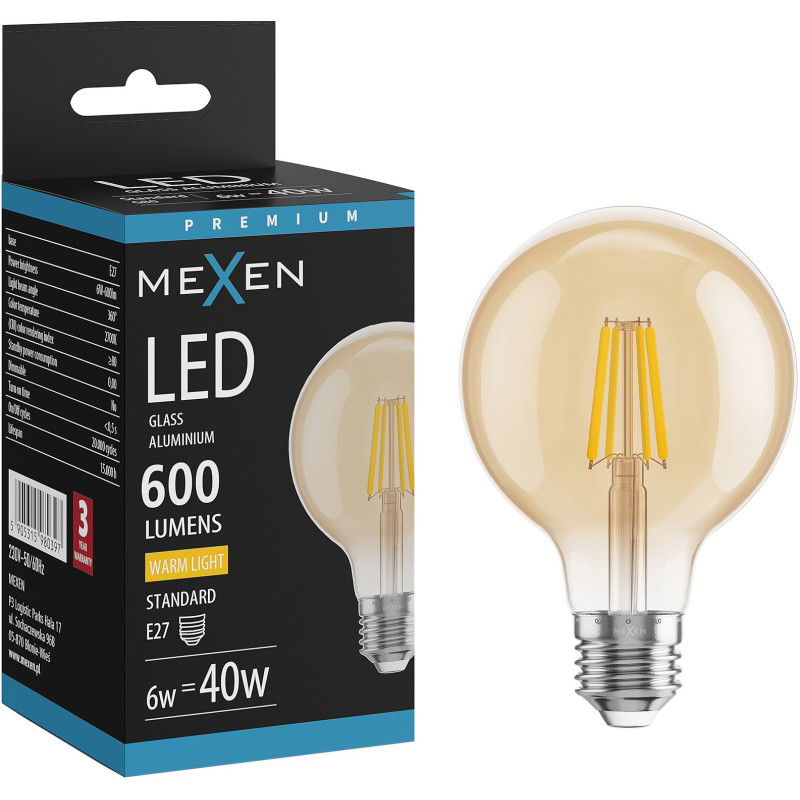 Mexen Vintis LED filamento lemputė E27, G80, 6W, Šilta - 2700K, 400 lm, gintarinė - L155-E27-0627-50