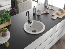 Mexen Diego vienos kameros granito praustuvas 488 x 480 mm, baltas, juodas sifonas - 6512481000-20-B