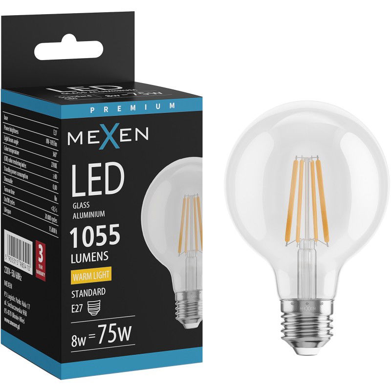 Mexen Vintis LED gijų lemputė E27, G80, 8W, Šilta - 2700K, 1055 lm, skaidri - L155-E27-0827-00