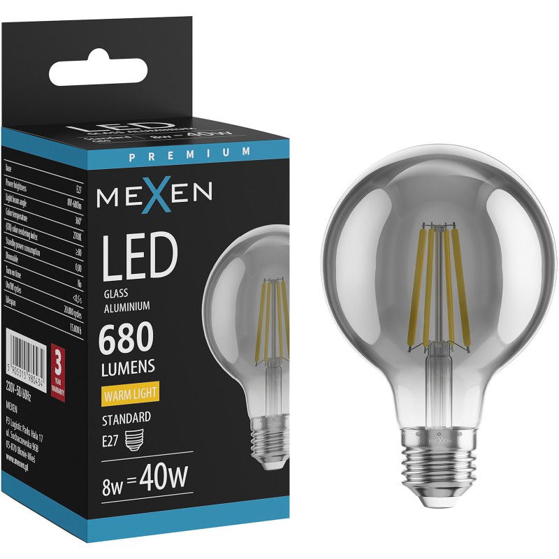 Mexen Vintis LED filamento lemputė E27, G80, 8W, Šilta - 2700K, 680 lm, dūminė - L155-E27-0827-70