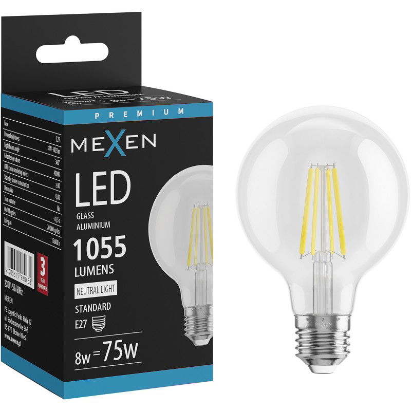 Mexen Vintis LED siūlelio lemputė E27, G80, 8W, Neutrali - 4000K, 1055 lm, skaidri - L155-E27-0840-00