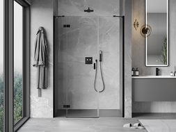 Mexen Mist-H kairiosios pusės dušo durys 145 cm, skaidrios, juodos - 8A5-145-001-70-00-L