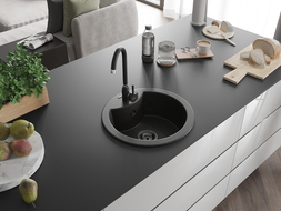 Mexen Diego vienguba granitinė plautuvė 488 x 480 mm, Juoda/Auksinė metallic, sifonas Juoda - 6512481000-75-B