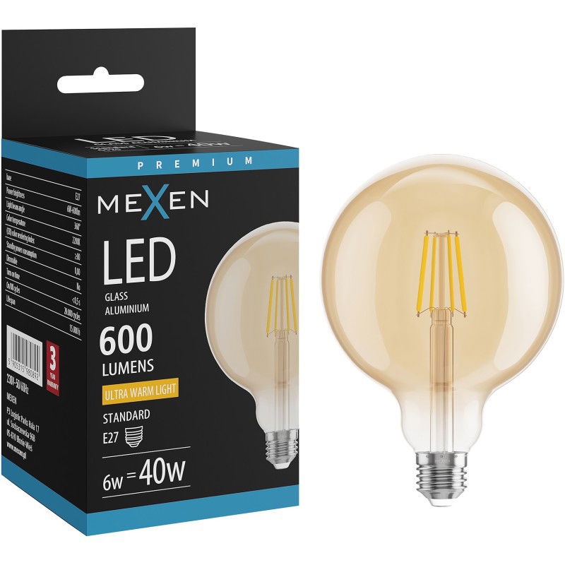 Mexen Vintis LED siūlelio lemputė E27, G125, 6W, Šilta - 2200K, 600 lm, gintaro - L158-E27-0622-50