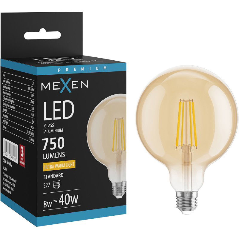 Mexen Vintis LED filamentinė lemputė E27, G125, 8W, Šilta - 2200K, 750 lm, gintarinė - L158-E27-0822-50