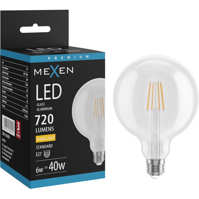Mexen Vintis LED lemputė su E27 sriegiu, G125, 6 W, Šilta - 2700K, 720 lm, skaidri - L158-E27-0627-00