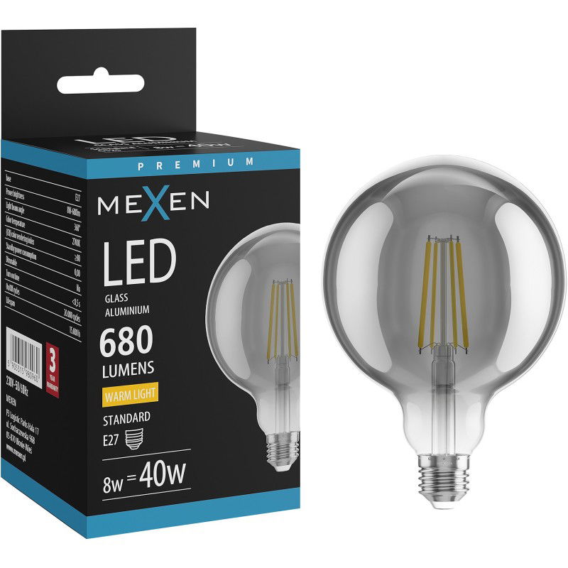 Mexen Vintis LED lemputė su kaitine gija, E27, G125, 8W, Šilta - 2700K, 680 lm, dūminė - L158-E27-0827-70