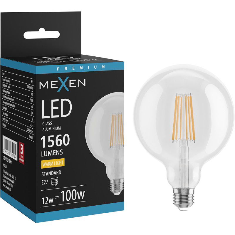 Mexen Vintis LED siūlelio lemputė E27, G125, 12W, Šilta - 2700K, 1560 lm, skaidri - L158-E27-1227-00