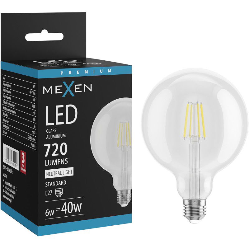 Mexen Vintis LED siūlelio lemputė E27, G125, 6W, Neutralus - 4000K, 720 lm, skaidrus - L158-E27-0640-00