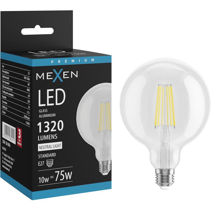 Mexen Vintis LED lemputė E27, G125, 10W, Natūrali - 4000K, 1320 lm, skaidri - L158-E27-1040-00