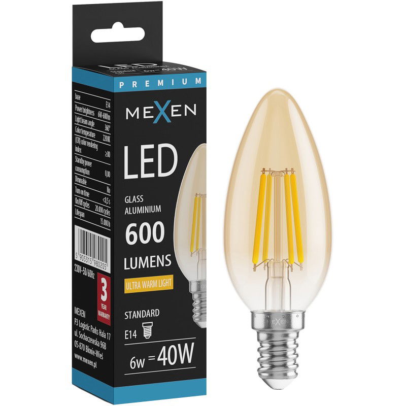 Mexen Vintis LED filamento lemputė E14, C35, 6W, Šilta - 2200K, 600 lm, gintaro - L154-E14-0622-50