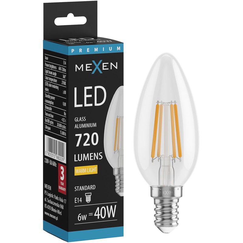 Mexen Vintis LED siūlelio lemputė E14, C35, 6W, Šilta - 2700K, 720 lm, skaidri - L154-E14-0627-00