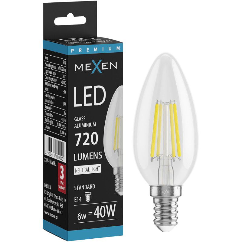 Mexen Vintis LED filamentinė lemputė E14, C35, 6W, Neutrali - 4000K, 720 lm, skaidri - L154-E14-0640-00