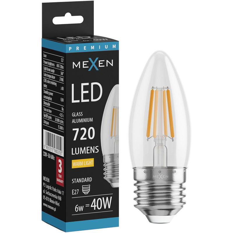 Mexen Vintis LED gijų lemputė E27, C35, 6W, Šilta - 2700K, 720 lm, skaidri - L154-E27-0627-00