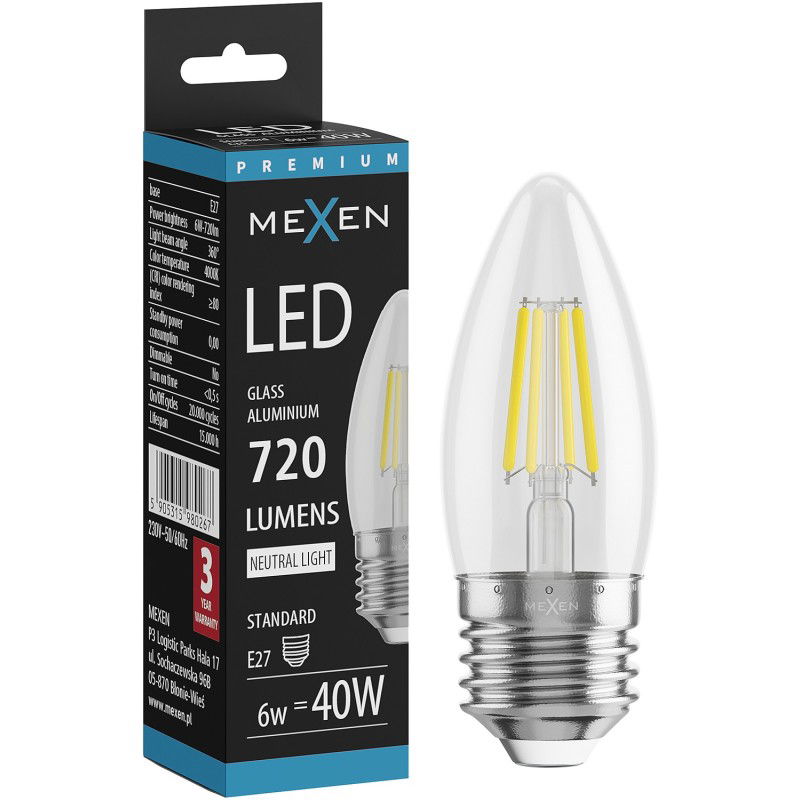Mexen Vintis LED siūlelio lemputė E27, C35, 6W, Neutralus - 4000K, 720 lm, skaidrus - L154-E27-0640-00