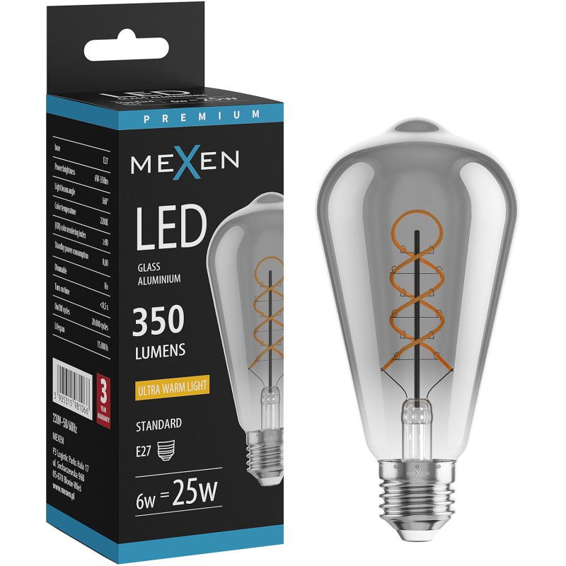 Mexen Vintis LED siūlų spiralinė lemputė E27, ST64, 6W, Šilta - 2200K, 350 lm, dūmų - L162-E27-0622-70