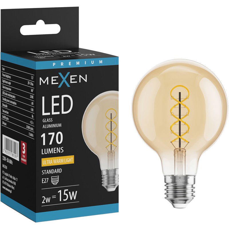 Mexen Vintis Kaitinimo spiralės LED lemputė E27, G80, 2W, Šilta - 2200K, 170 lm, gintarinė - L165-E27-0222-50