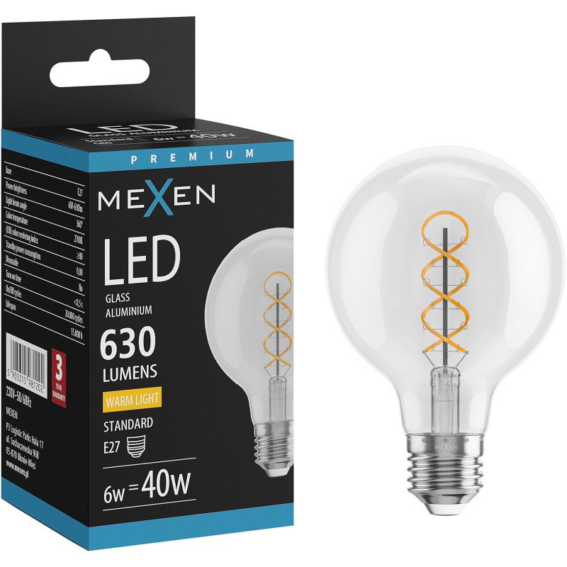 Mexen Vintis LED gijų spiralės lemputė E27, G80, 6W, Šilta - 2700K, 630 lm, skaidri - L165-E27-0627-00