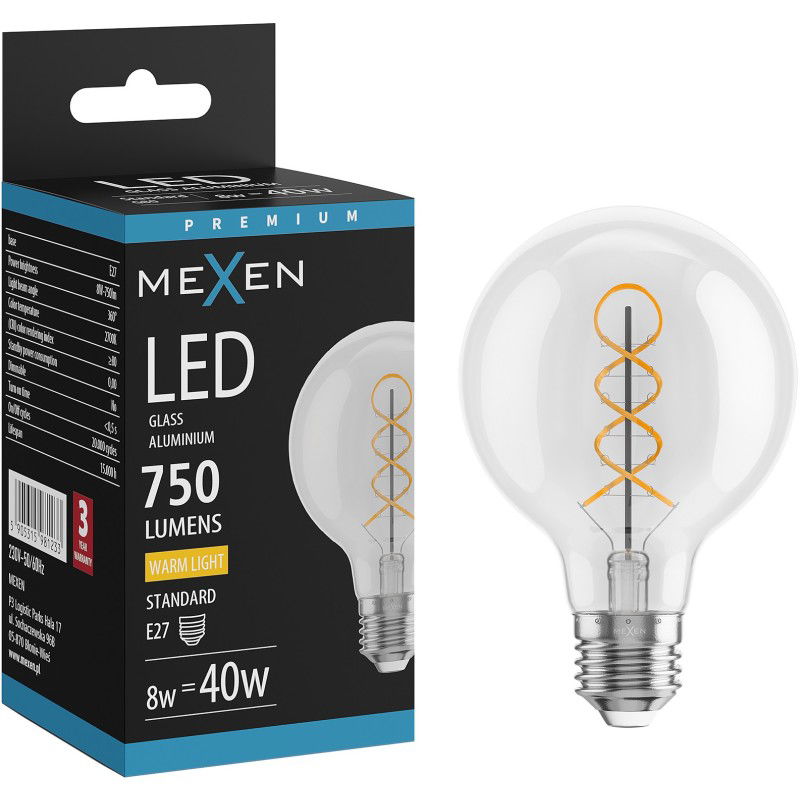 Mexen Vintis LED siūlelio spiralė lemputė E27, G80, 8W, Šiltas - 2700K, 750 lm, skaidrus - L165-E27-0827-00