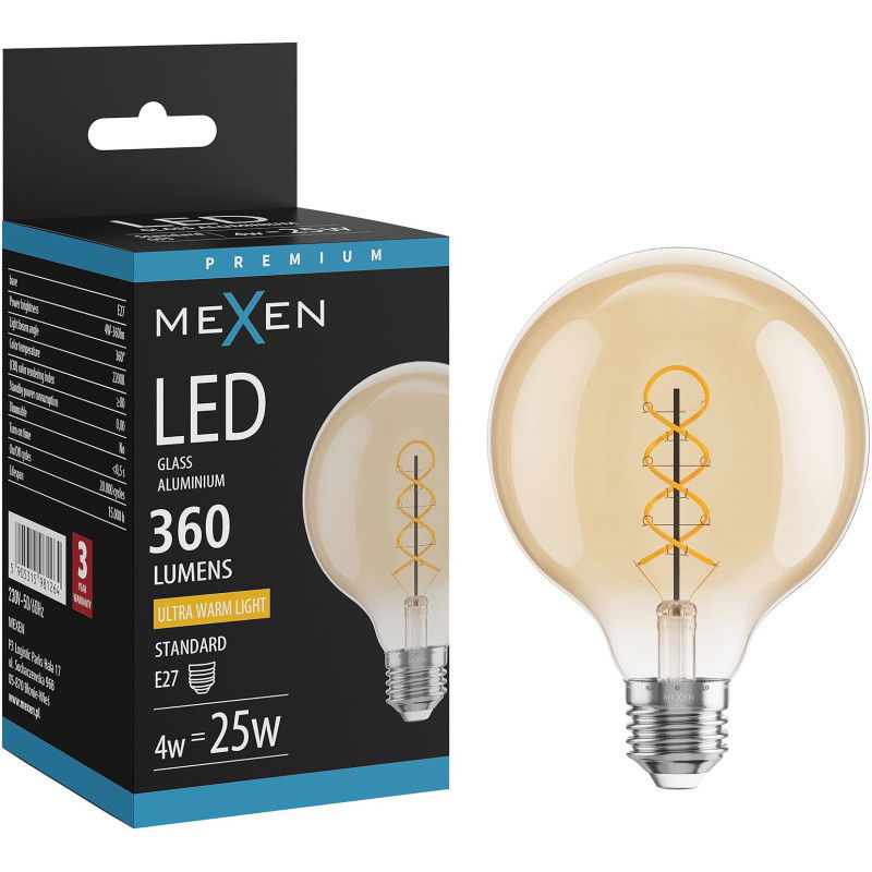Mexen Vintis LED lemputė filamentas spiralė E27, G95, 4W, Šilta - 2200K, 360 lm, gintaro - L167-E27-0422-50