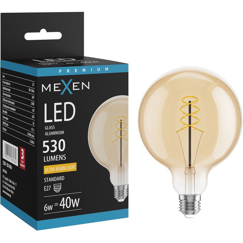 Mexen Vintis LED E27 sriegio G125 6W spiralės kaitinamosios lemputės, šilta - 2200K, 530 lm, gintarinė - L168-E27-0622-50