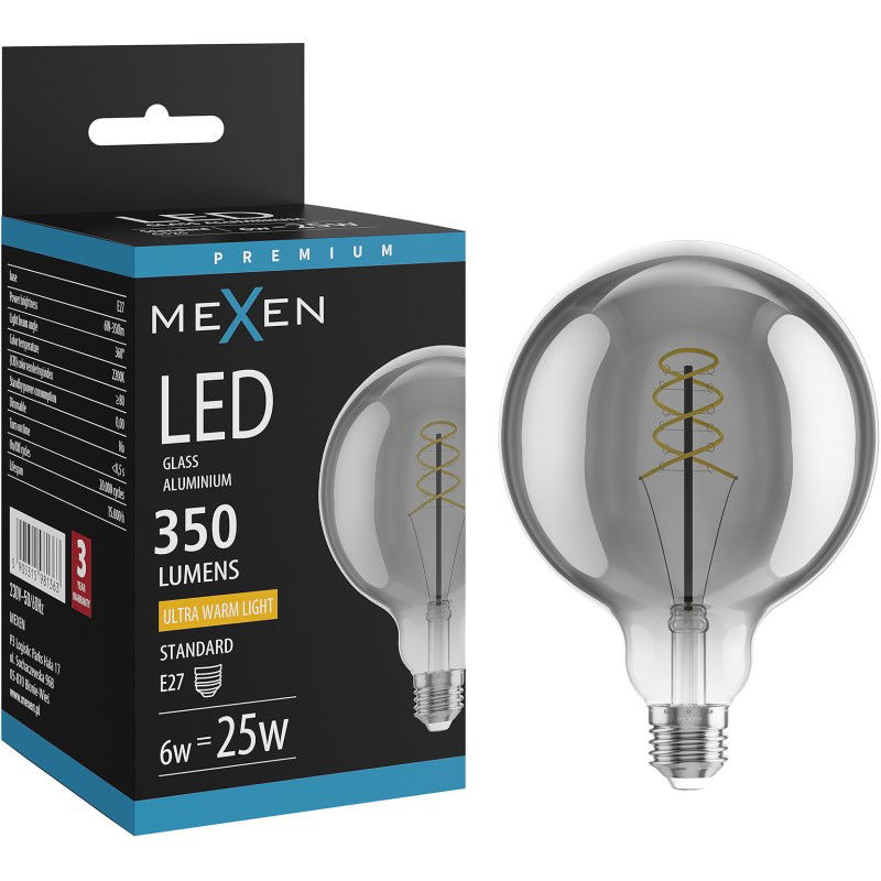 Mexen Vintis LED spiralės spiralinė lemputė E27, G125, 6W, Šilta - 2200K, 350 lm, dūminė - L168-E27-0622-70