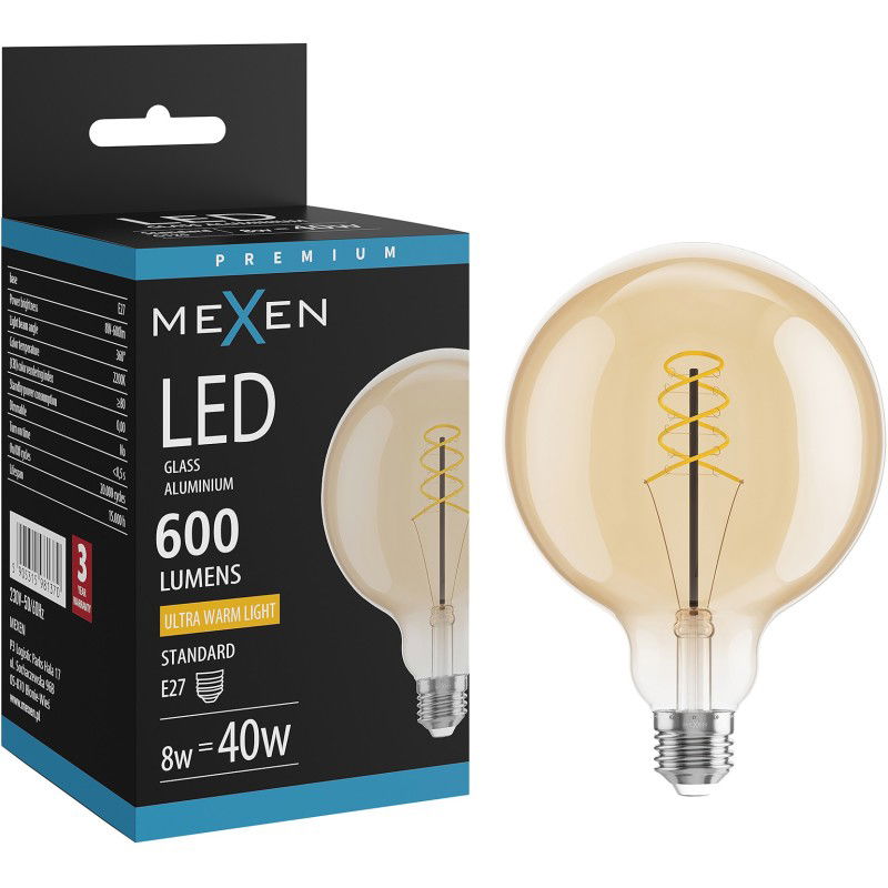 Mexen Vintis LED spiralinė filamentinė lemputė E27, G125, 8W, Šilta - 2200K, 600 lm, gintarinė - L168-E27-0822-50
