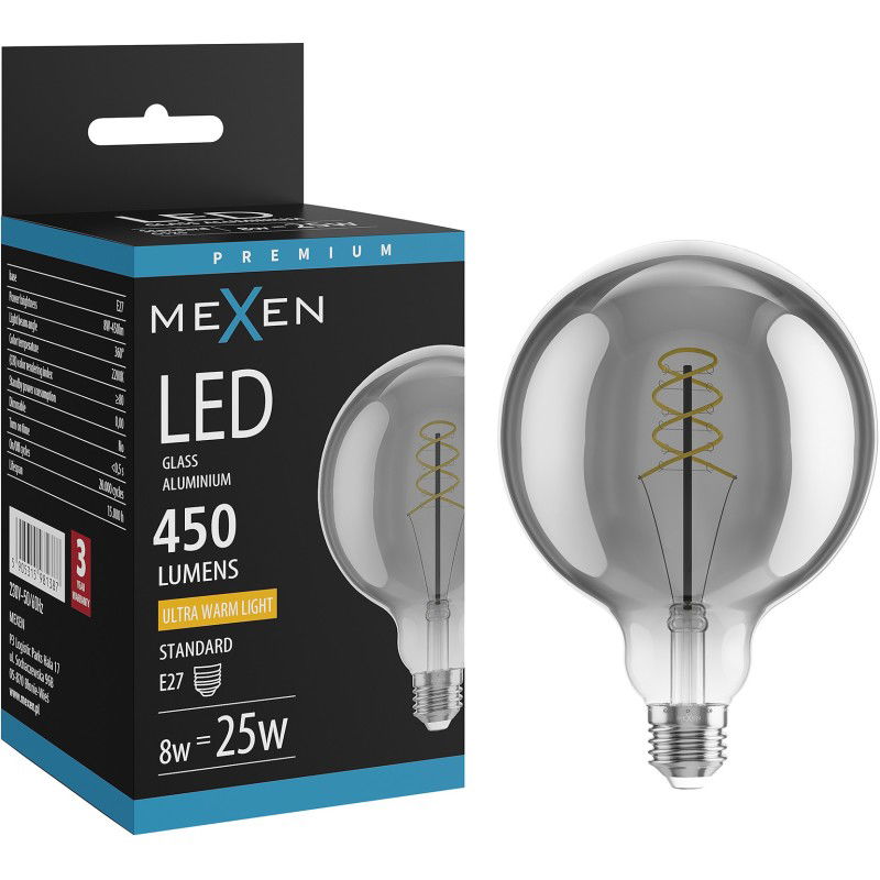 Mexen Vintis LED filamento spiralė lemputė E27, G125, 8W, Šilta - 2200K, 450 lm, dūminė - L168-E27-0822-70