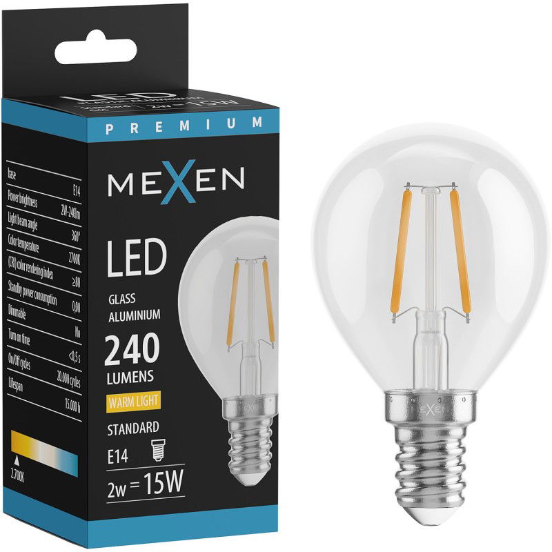 Mexen Vintis LED siūlelio lemputė E14, G45, 2W, Šilta - 2700K, 240 lm, skaidri - L156-E14-0227-00