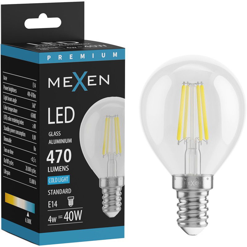 Mexen Vintis LED filamentinė lempa E14, G45, 4W, Šalta - 6500K, 470 lm, skaidri - L156-E14-0465-00