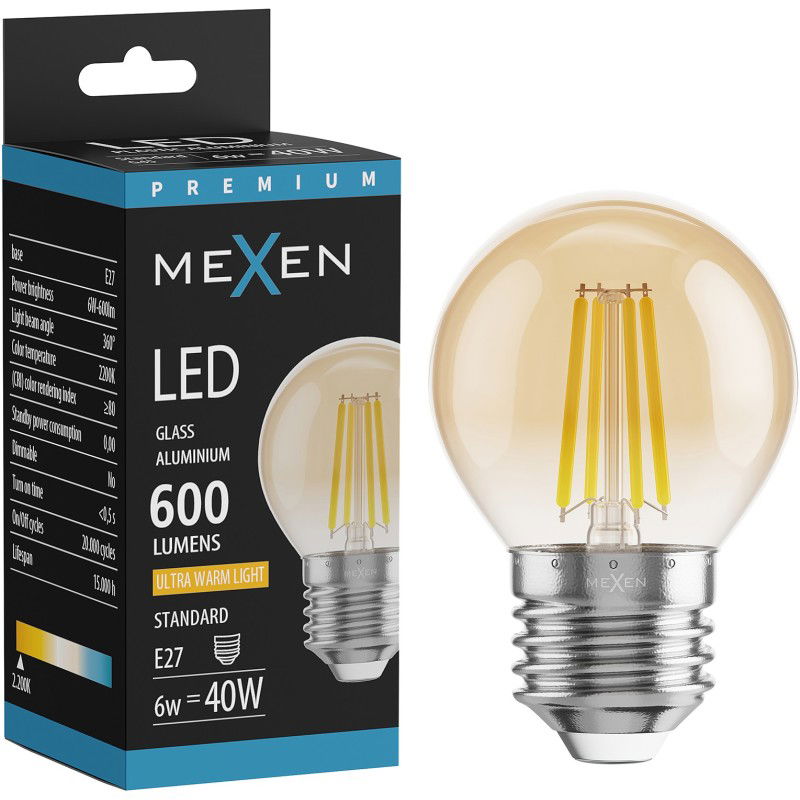 Mexen Vintis LED siūlo lemputė E27, G45, 6W, Šilta - 2200K, 600 lm, gintaro - L156-E27-0622-50