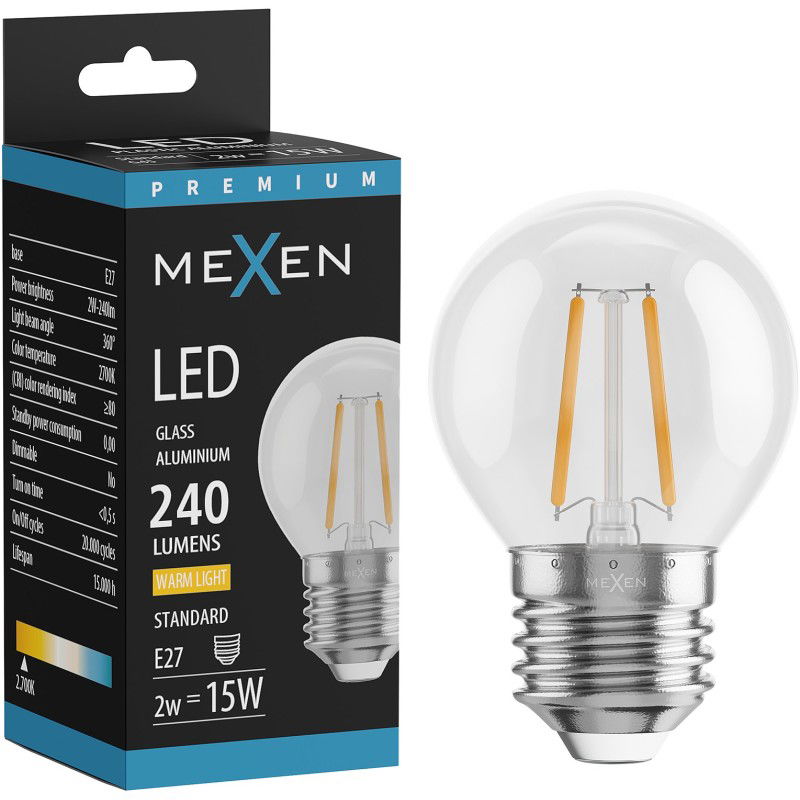 Mexen Vintis LED lemputė filamentinė E27, G45, 2W, Šilta - 2700K, 240 lm, skaidri - L156-E14-0227-00 - L156-E27-0227-00