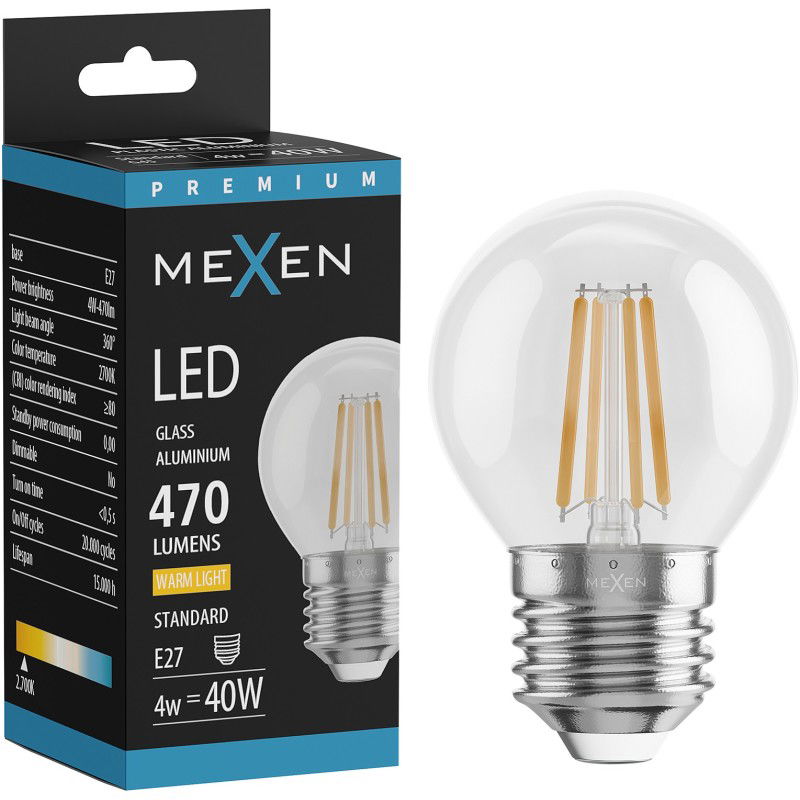 Mexen Vintis LED siūlelio lemputė E27, G45, 4W, Šilta - 2700K, 470 lm, skaidri - L156-E27-0427-00