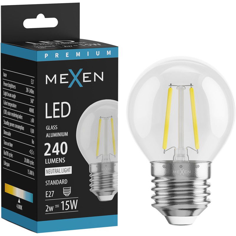 Mexen Vintis LED filamentinė lemputė E27, G45, 2W, Neutralus - 4000K, 240 lm, skaidri - L156-E14-0227-00 - L156-E27-0240-00