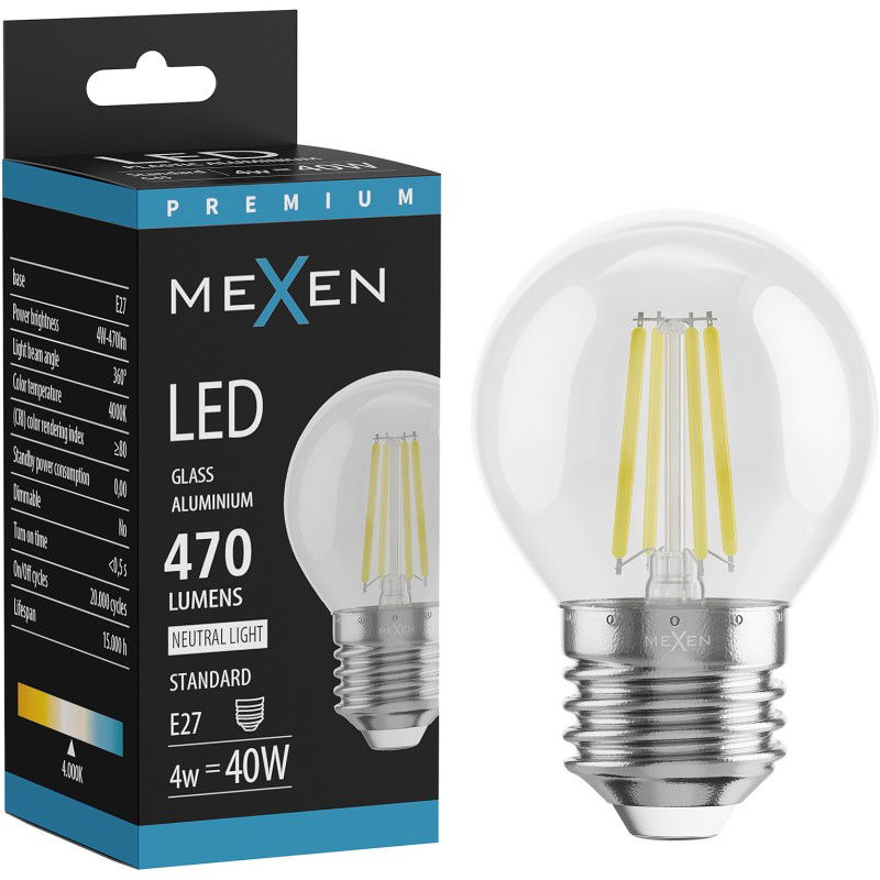 Mexen Vintis LED siūlelių lemputė E27, G45, 4W, Neutrali - 4000K, 470 lm, skaidri - L156-E27-0427-00 - L156-E27-0440-00