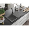 Mexen Bruno granitinė vienos plautuvės kriauklė su nutekamuoju paviršiumi 795 x 495 mm, pilka, juodas sifonas