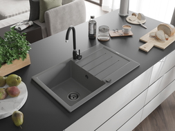 Mexen Bruno vienguba granitinė plautuvė su džiovykle 795 x 495 mm, Pilka, sifonas Juoda - 6513791010-71-B