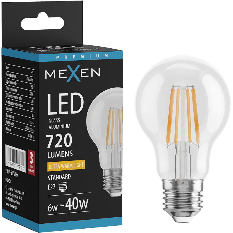 Mexen Vintis LED gijų lemputė E27, A60, 6W, Šilta - 2200K, 720 lm, skaidri - L150-E27-0622-00