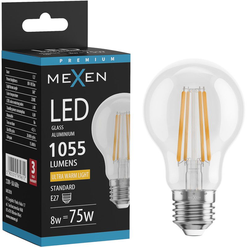 Mexen Vintis LED siūlų lemputė E27, A60, 8W, Šilta - 2200K, 1055 lm, permatoma - L150-E27-0822-00