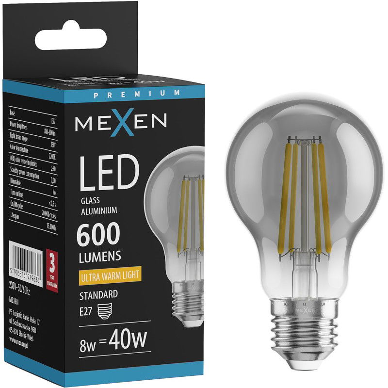 Mexen Vintis LED gija E27, A60, 8W, Šiltas - 2200K, 600 lm, dūminis - L150-E27-0822-70