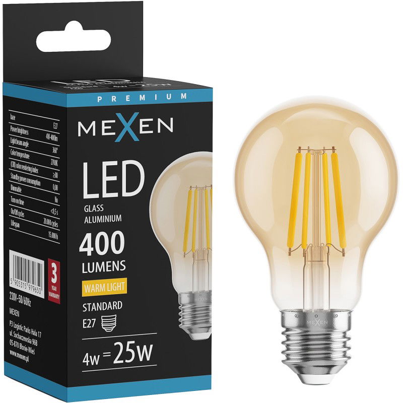 Mexen Vintis Filamentinė LED lemputė E27, A60, 4W, Šilta - 2700K, 400 lm, gintarinė - L150-E27-0427-50