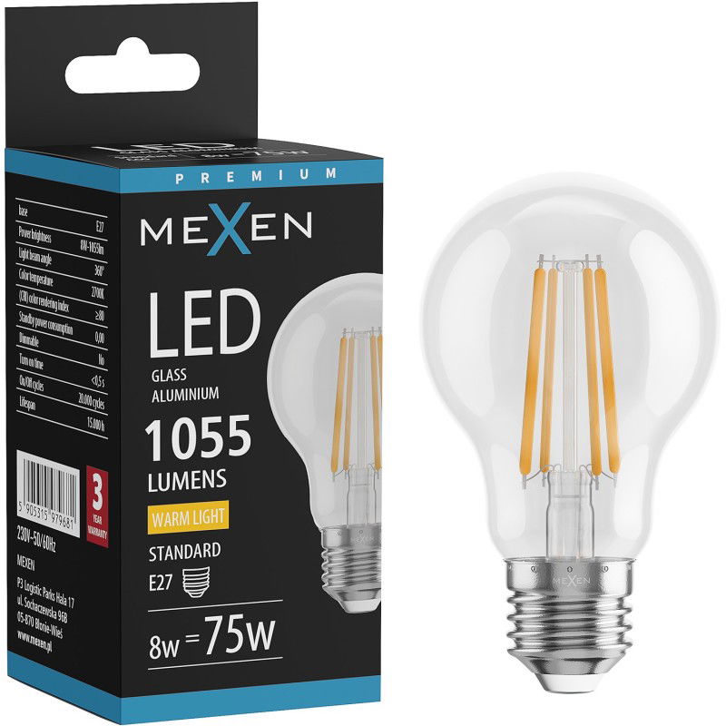 Mexen Vintis LED kaitinamoji lemputė E27, A60, 8W, Šilta - 2700K, 1055 lm, skaidri - L150-E27-0827-00