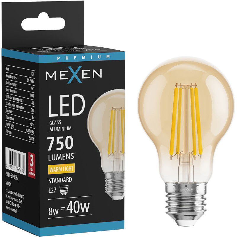 Mexen Vintis LED E27 gijų lemputė, A60, 8W, Šilta - 2700K, 750 lm, gintaro - L150-E27-0822-50 - L150-E27-0827-50