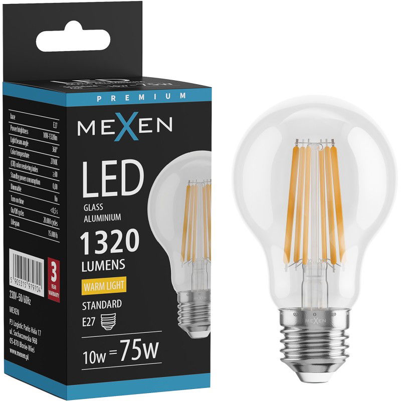Mexen Vintis LED gijų lemputė E27, A60, 10W, šilta - 2700K, 1320 lm, skaidri - L150-E27-1027-00