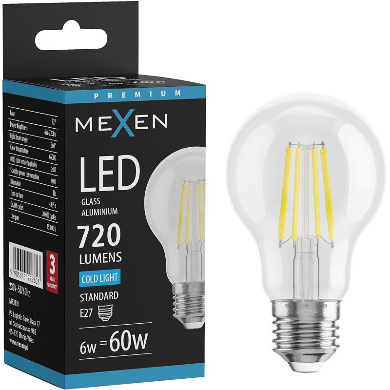 Mexen Vintis LED kaitrinė lempa E27, A60, 6W, Šalta - 6500K, 720 lm, skaidri - L150-E27-0665-00