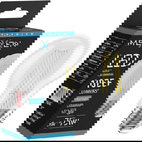 Mexen Vintis LED siūlelių lemputė E27, A60, 8W, Šalta - 6500K, 1055 lm, skaidri - L150-E27-0865-00