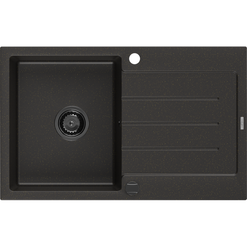 Mexen Bruno granitinė vienos kameros praustuvo plautuvė su drenažu, 795 x 495 mm, juodas/auksinis metalikas, juodas sifonas