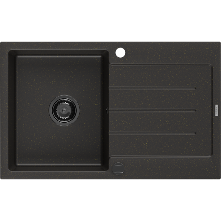 Mexen Bruno granitinė vienos kameros praustuvo plautuvė su drenažu, 795 x 495 mm, juodas/auksinis metalikas, juodas sifonas