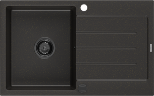Mexen Bruno granitinė vienos kameros praustuvo plautuvė su drenažu, 795 x 495 mm, juodas/auksinis metalikas, juodas sifonas